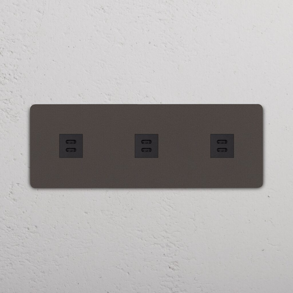 Grove Gniazdo USB-C 30 W x 3 w potrójnej ramce – Brąz, Czarny