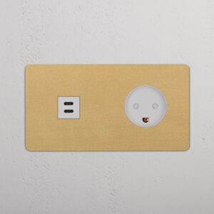 Kew Gniazdo USB-C 30 W i duńskie typu K w podwójnej ramce – Antyczny mosiądz, Biały