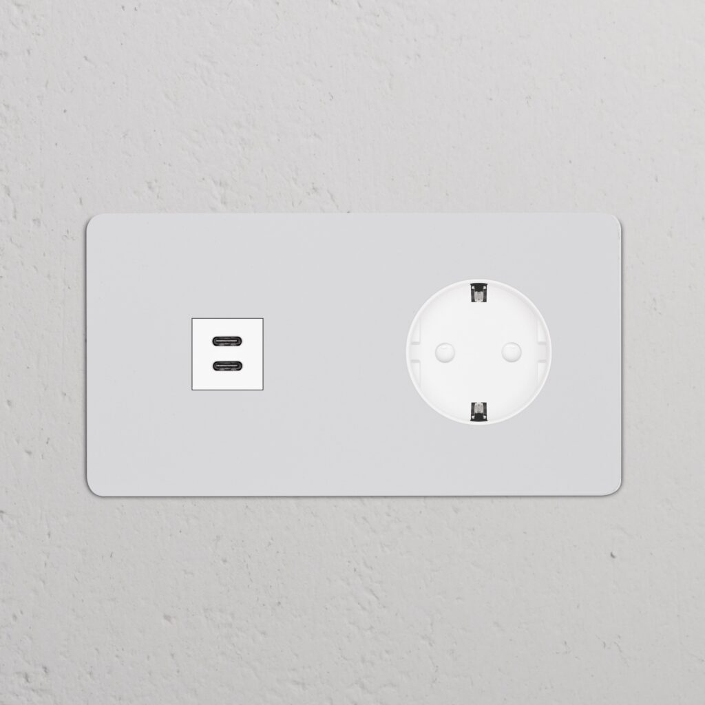 Kew Gniazdo USB-C 30 W i Schuko typu F x 2 w podwójnej ramce – Do malowania, Biały