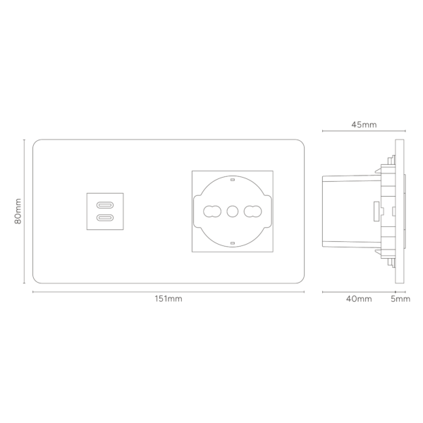 Grove Gniazdo USB-C 30 W i Schuko/Bipasso w podwójnej ramce – Satynowy nikiel, Czarny