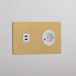 Kew Gniazdo USB-C 30W i szwajcarskie typu J w podwójnej ramce – Antyczny mosiądz, Biały