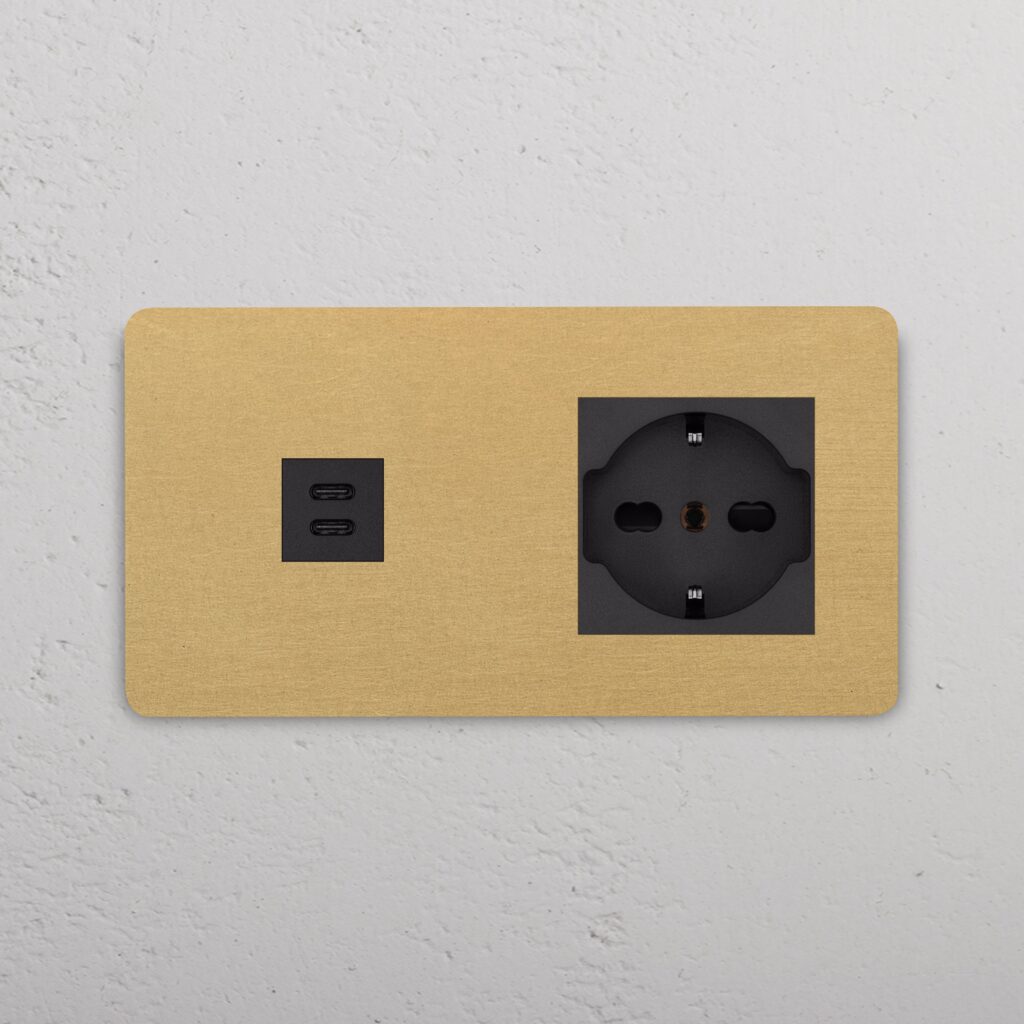 Grove Gniazdo USB-C 30 W i Schuko/Bipasso w podwójnej ramce – Antyczny mosiądz, Czarny