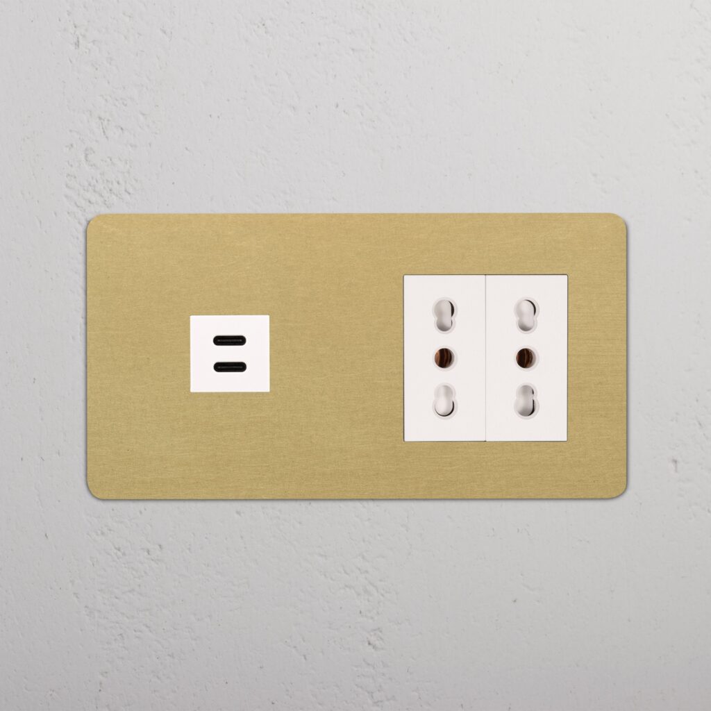 Kew Gniazdo USB-C 30 W i Bipasso x 2 w podwójnej ramce – Antyczny mosiądz, Biały