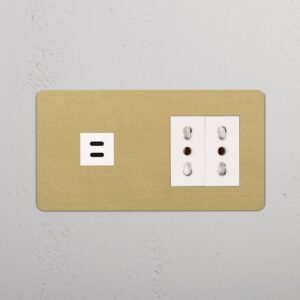 Kew Gniazdo USB-C 30 W i Bipasso x 2 w podwójnej ramce – Antyczny mosiądz, Biały