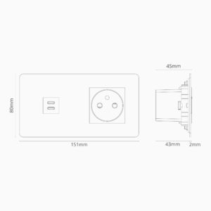 Kew Gniazdo USB-C 30 W i francusko/belgijskie typu E w podwójnej ramce – Antyczny mosiądz, Czarny