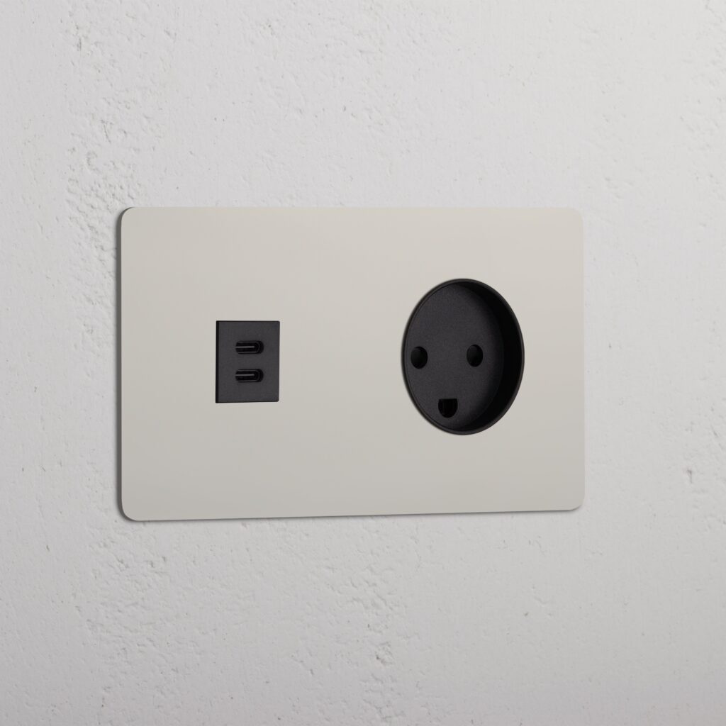 Kew Gniazdo USB-C 30 W i duńskie typu K w podwójnej ramce – Polerowany nikiel, Czarny