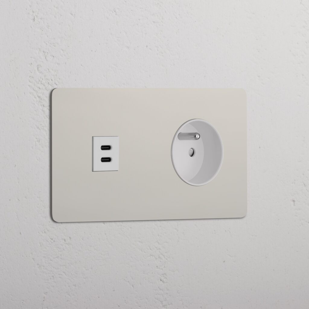 Kew Gniazdo USB-C 30 W i francusko/belgijskie typu E w podwójnej ramce – Polerowany nikiel, Biały