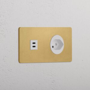 Grove Gniazdo USB-C 30W i szwajcarskie typu J w podwójnej ramce – Antyczny mosiądz, Biały
