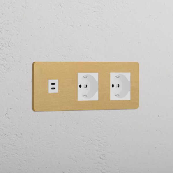 Grove Gniazdo USB-C 30 W i Schuko/Bipasso x 2 w potrójnej ramce – Antyczny mosiądz, Biały