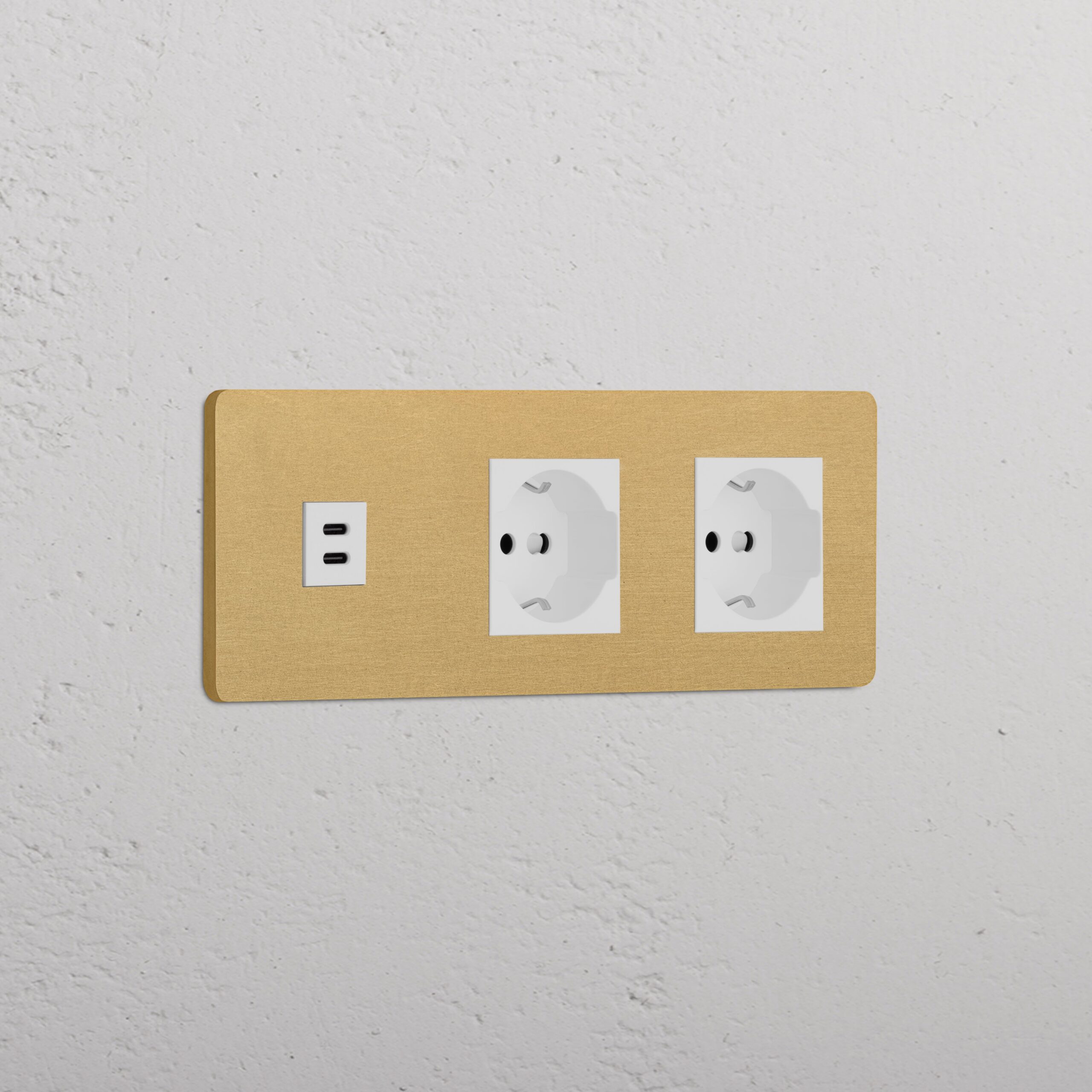 Grove Gniazdo USB-C 30 W i Schuko/Bipasso x 2 w potrójnej ramce – Antyczny mosiądz, Biały