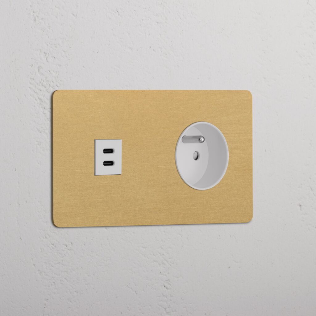 Kew Gniazdo USB-C 30 W i francusko/belgijskie typu E w podwójnej ramce – Antyczny mosiądz, Biały