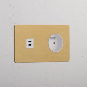 Kew Gniazdo USB-C 30 W i francusko/belgijskie typu E w podwójnej ramce – Antyczny mosiądz, Biały