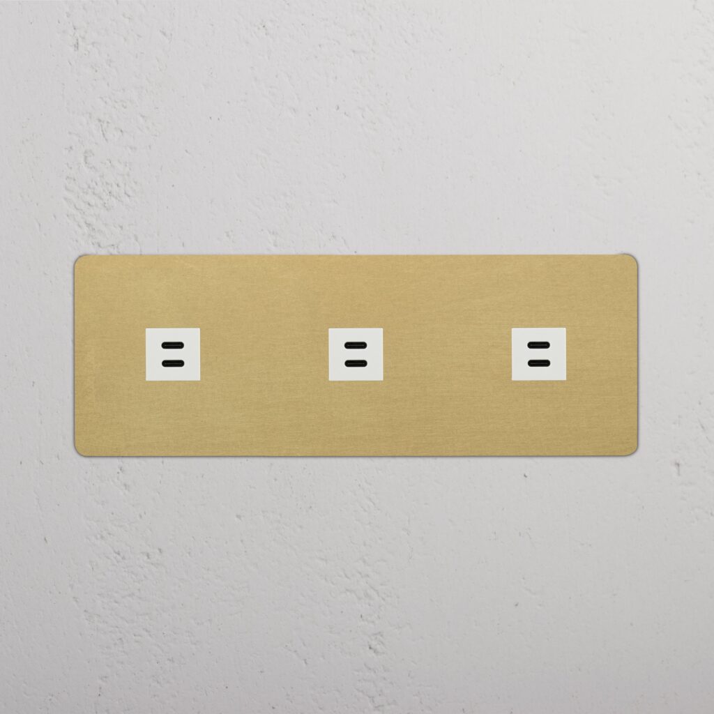 Kew Gniazdo USB-C 30 W x 3 w potrójnej ramce – Antyczny mosiądz, Biały