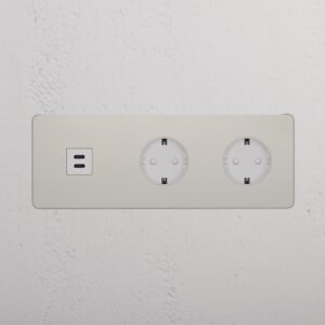 Kew Gniazdo USB-C 30 W i Schuko typu F x 2 w potrójnej ramce – Polerowany nikiel, Biały