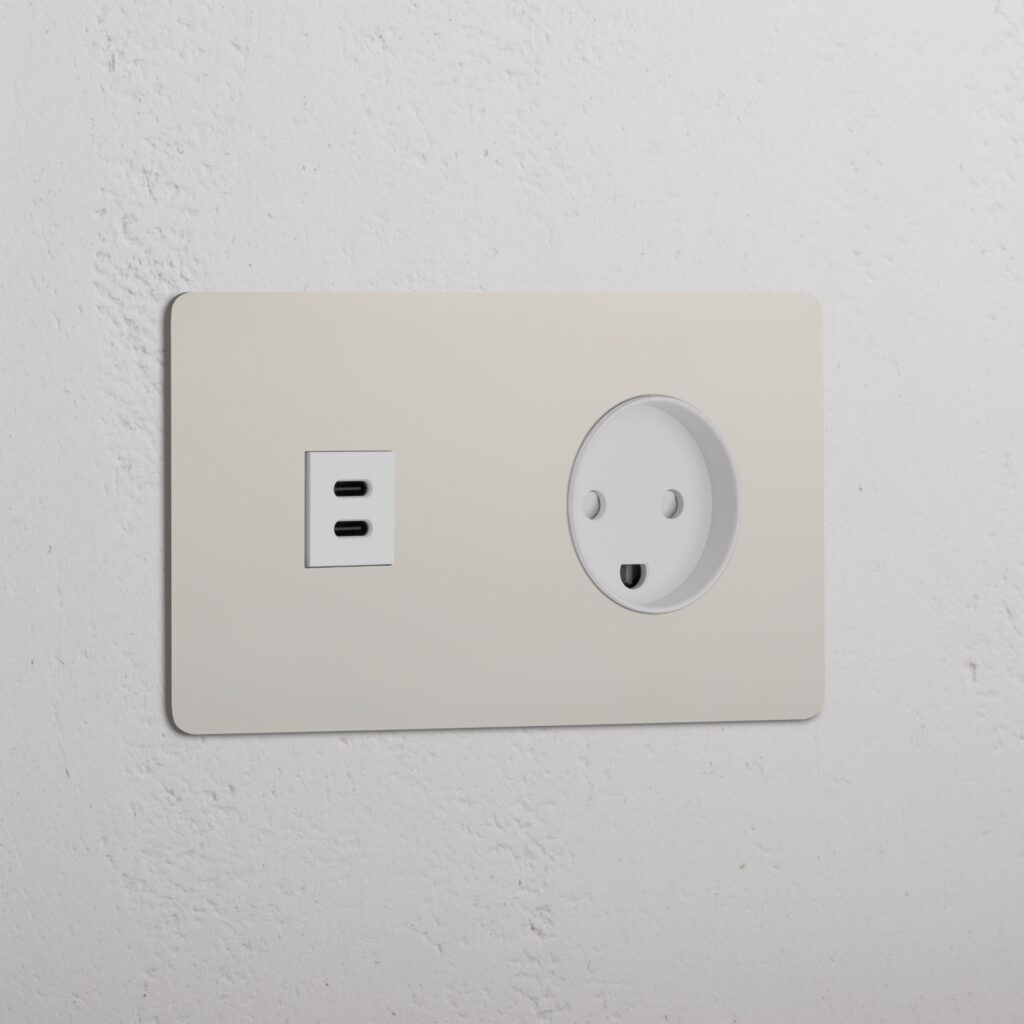 Kew Gniazdo USB-C 30 W i duńskie typu K w podwójnej ramce – Polerowany nikiel, Biały