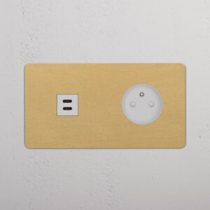 Kew Gniazdo USB-C 30 W i francusko/belgijskie typu E w podwójnej ramce – Antyczny mosiądz, Biały