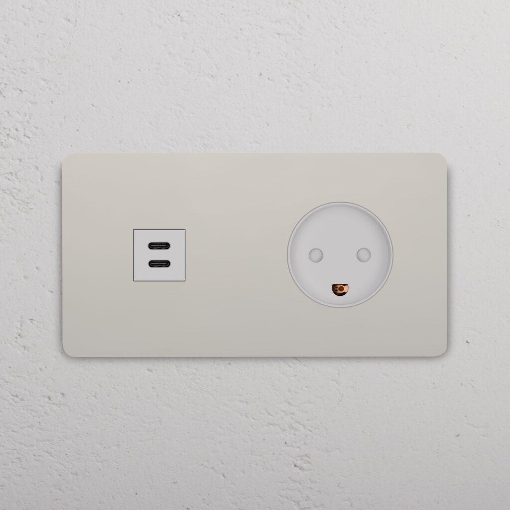 Grove Gniazdo USB-C 30 W i duńskie typu K w podwójnej ramce – Polerowany nikiel, Biały