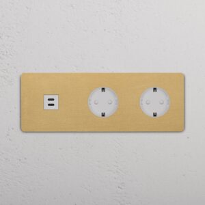 Grove Gniazdo USB-C 30 W i Schuko typu F x 2 w potrójnej ramce – Antyczny mosiądz, Biały