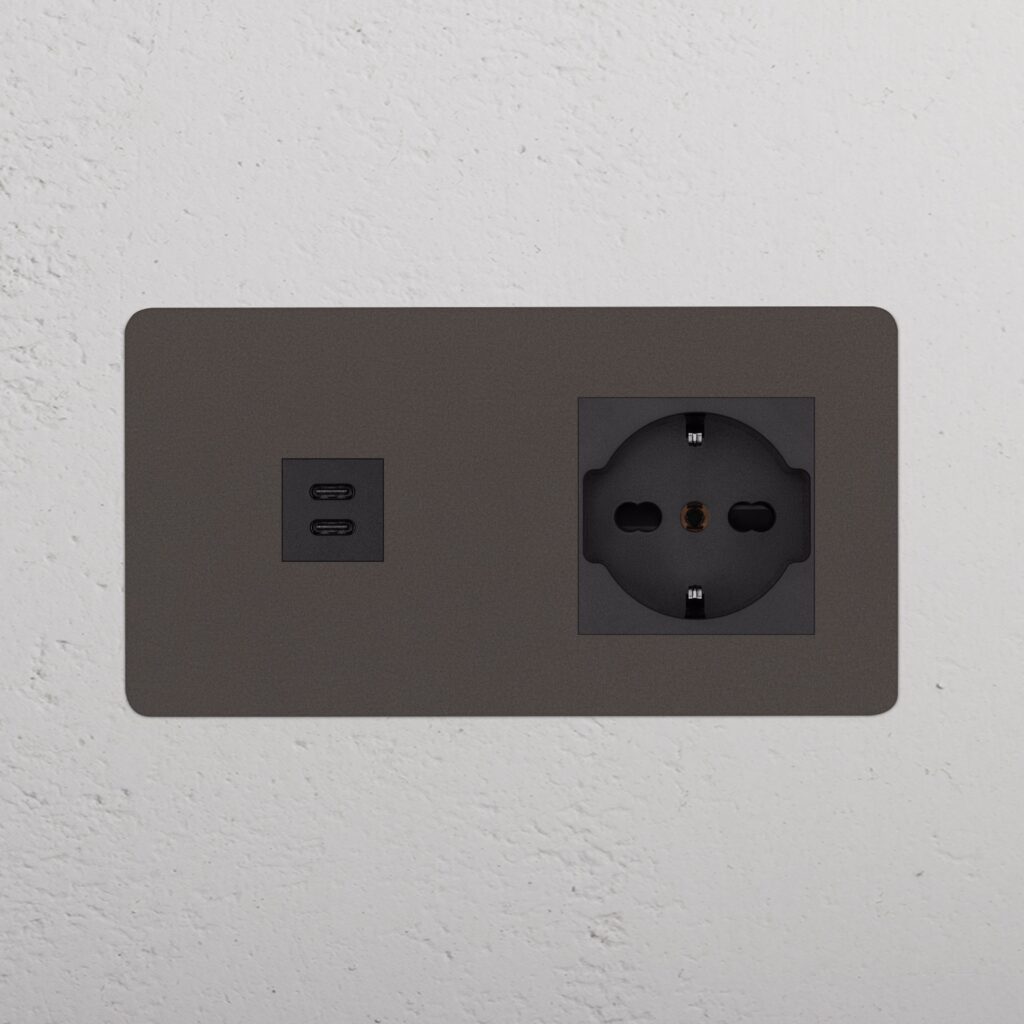 Kew Gniazdo USB-C 30 W i Schuko/Bipasso w podwójnej ramce – Brąz, Czarny