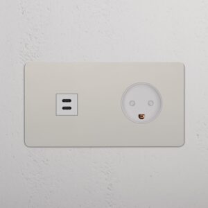 Kew Gniazdo USB-C 30 W i duńskie typu K w podwójnej ramce – Polerowany nikiel, Biały