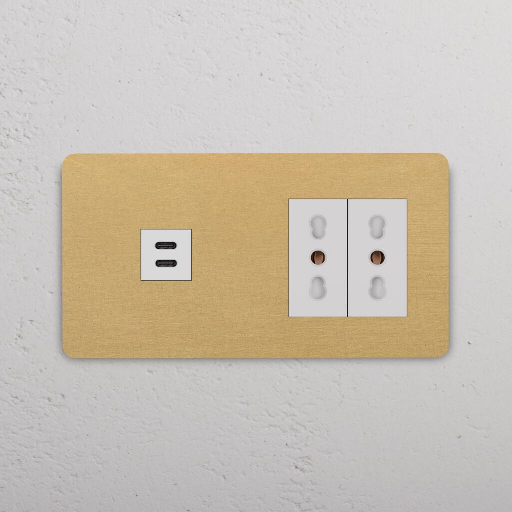 Grove Gniazdo USB-C 30 W i Bipasso x 2 w podwójnej ramce – Antyczny mosiądz, Biały