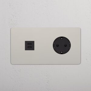 Kew Gniazdo USB-C 30 W i Schuko typu F x 2 w podwójnej ramce – Polerowany nikiel, Czarny