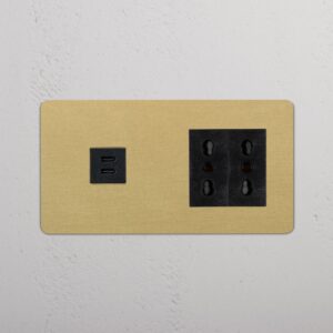 Kew Gniazdo USB-C 30 W i Bipasso x 2 w podwójnej ramce – Antyczny mosiądz, Czarny