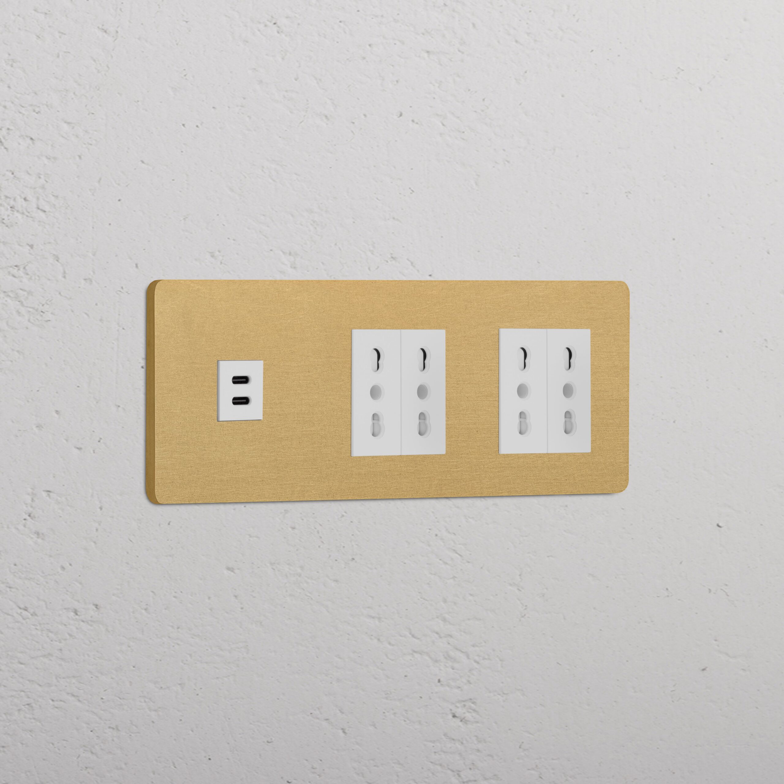 Grove Gniazdo USB-C 30 W i Bipasso x 4 w potrójnej ramce – Antyczny mosiądz, Biały