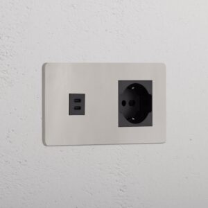 Grove Gniazdo USB-C 30 W i Schuko/Bipasso w podwójnej ramce – Polerowany nikiel, Czarny