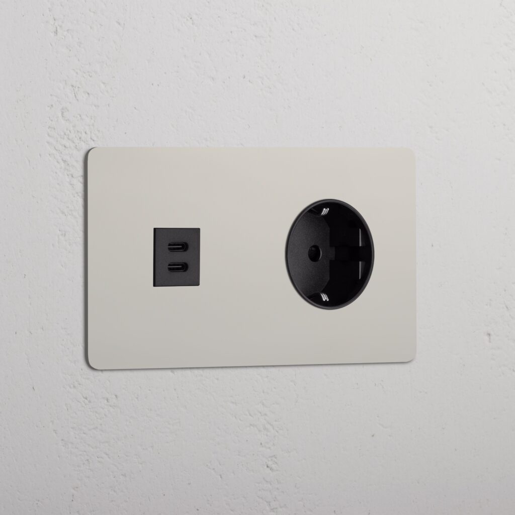 Kew Gniazdo USB-C 30 W i Schuko typu F x 2 w podwójnej ramce – Polerowany nikiel, Czarny