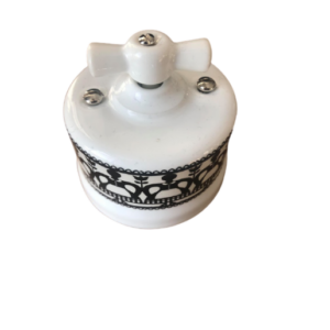 Ceramiczny natynkowy włącznik dzwonkowy zwierny biały z czarnym zdobieniem